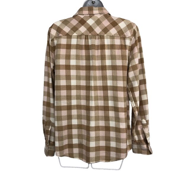 Lands End Womens Flannel Shirt Top Size 10 Long Sleeve Button Down Tan Pink - Picture 2 of 12